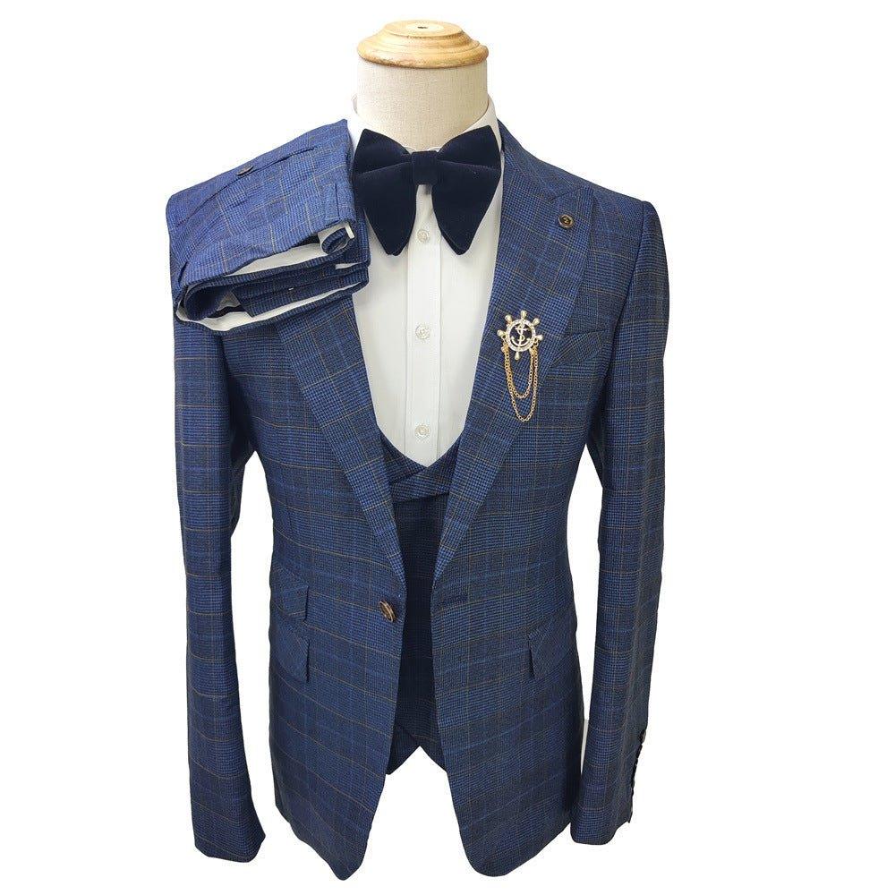 Business Slim-fit Plaid Striped Men's Suit Set - SleekGait