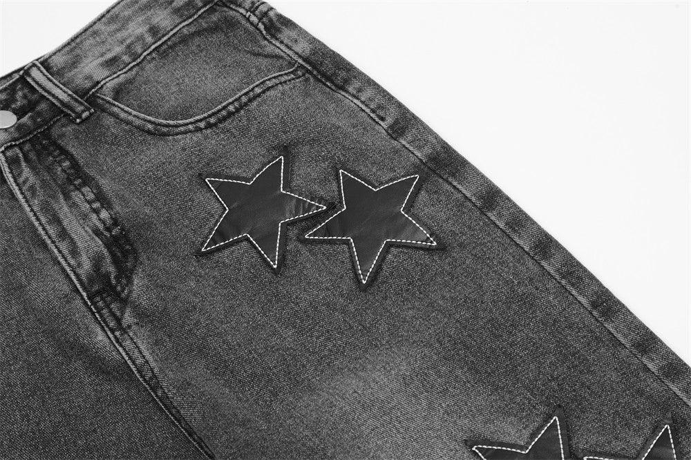 Five-pointed Star Affixed Cloth Embroidered Loose Straight Jeans - SleekGait