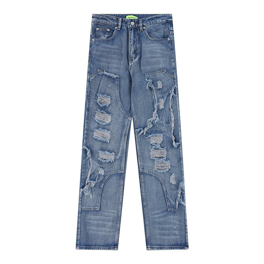 Stitching Hole Loose Denim Trousers Men - SleekGait