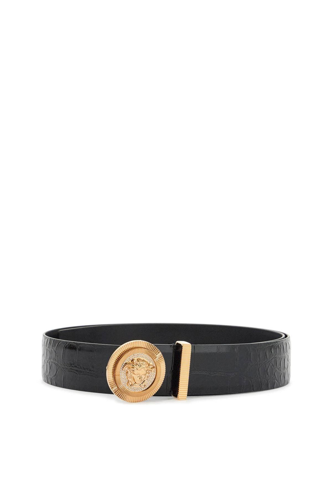 VERSACE Embossed Crocodile Calfskin Belt with Rhinestones - 40mm - SleekGait