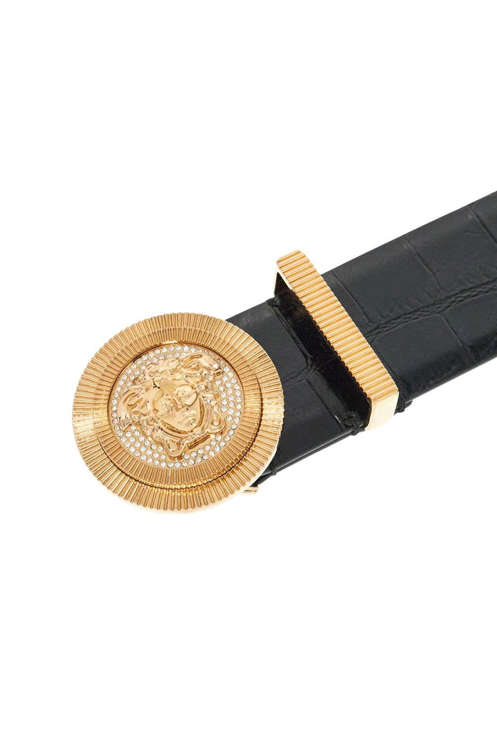 VERSACE Embossed Crocodile Calfskin Belt with Rhinestones - 40mm - SleekGait