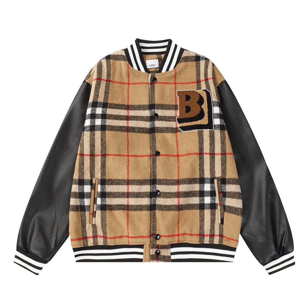 BURBERRY Brown Checked Wool-Blend and Full-Grain Leather Varsity Jacket - SleekGait