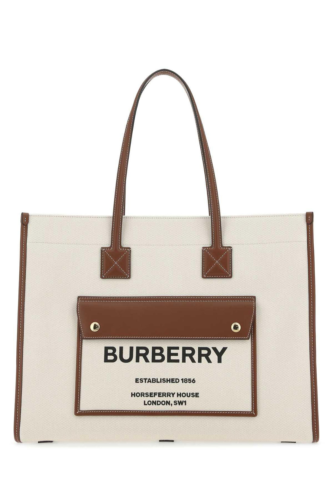 BURBERRY Two-tone Leather and Canvas Medium Freya Shopping Bag - SleekGait