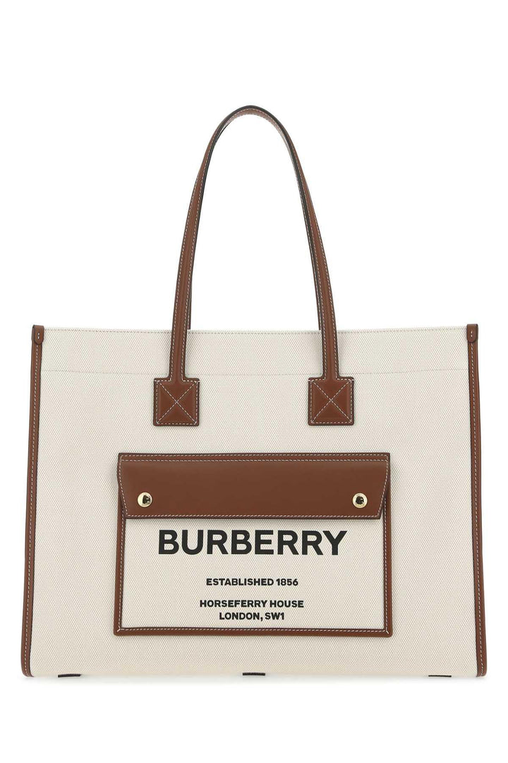 BURBERRY Two-tone Leather and Canvas Medium Freya Shopping Bag - SleekGait