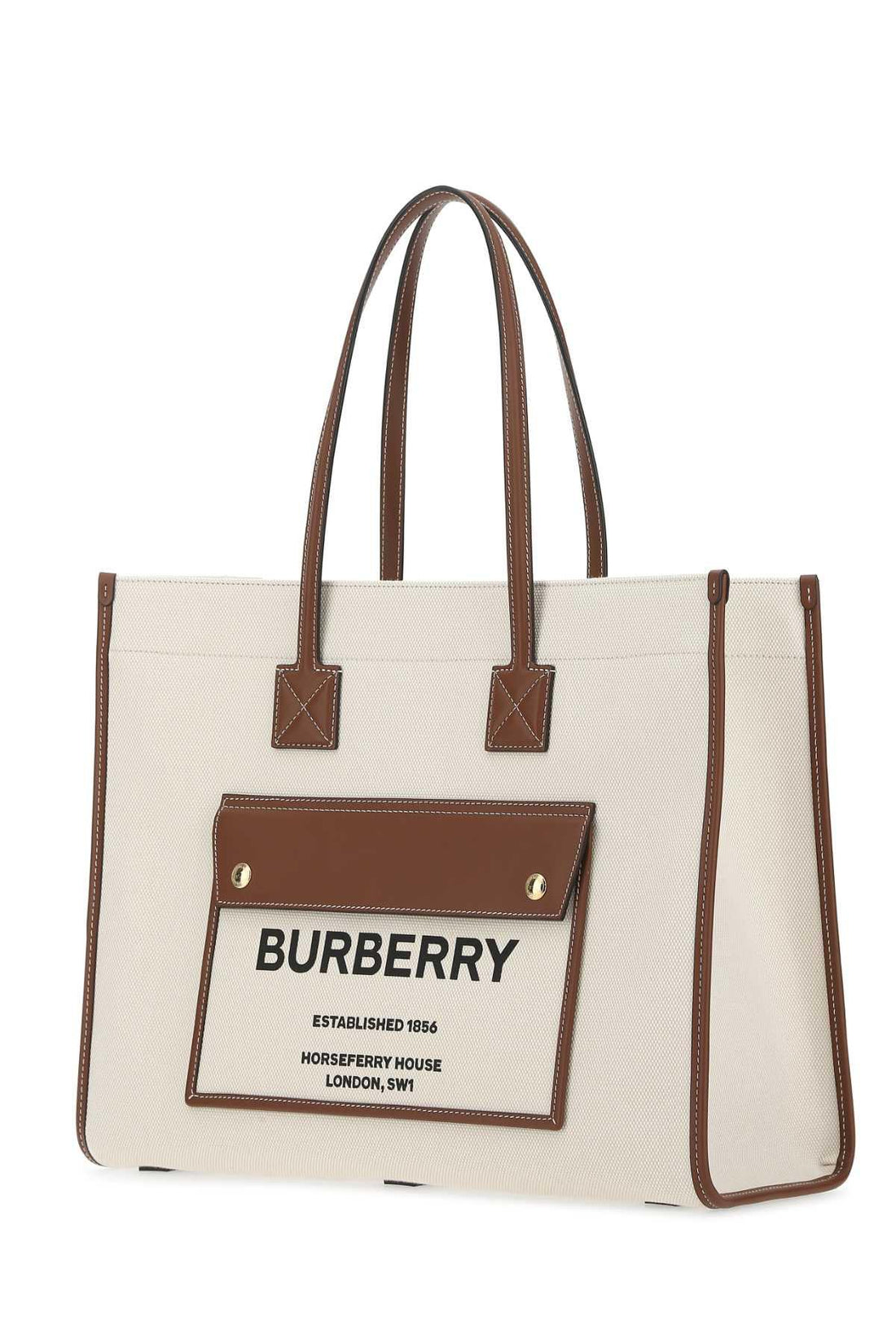 BURBERRY Two-tone Leather and Canvas Medium Freya Shopping Bag - SleekGait