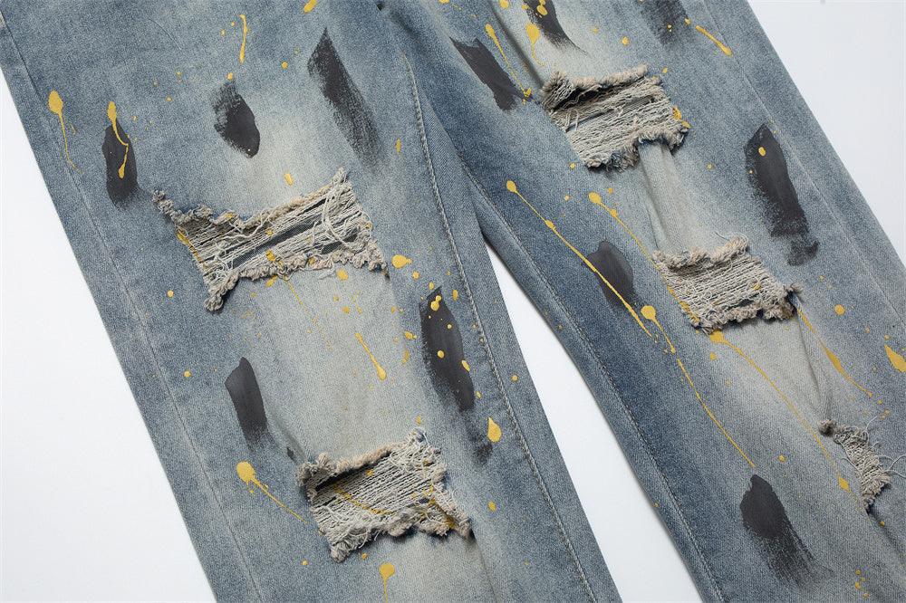 Men's Loose Washed-out Painting Splash-ink Ripped Jeans - SleekGait