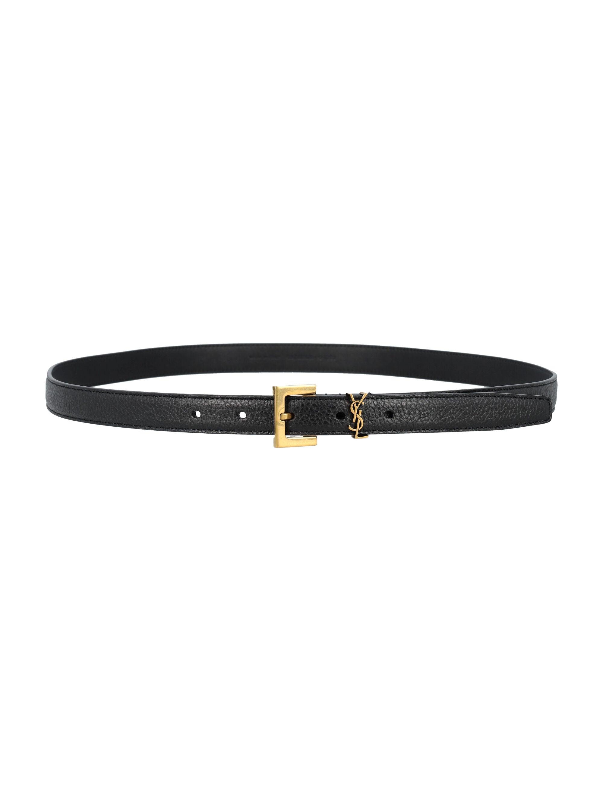 SAINT LAURENT Grained Leather Thin Belt with Square Buckle - SleekGait