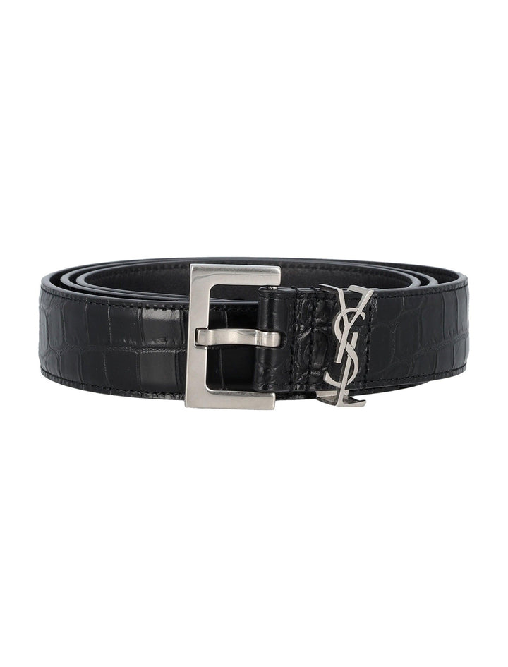 SAINT LAURENT Cassandre Crocodile-Embossed Leather Belt - 3cm Width - SleekGait