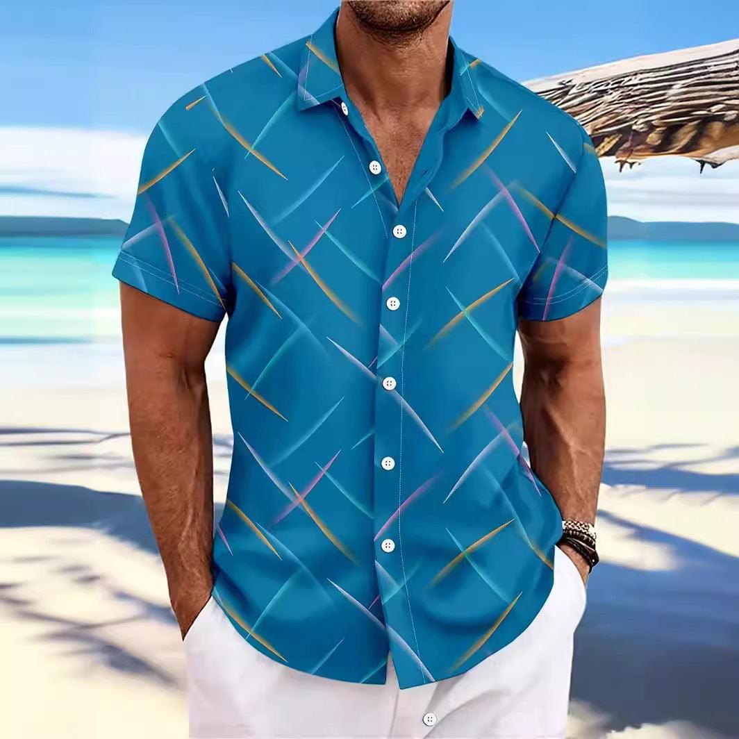 Summer New Men's Striped Feather Casual Beach Short Sleeve Button Shirt - SleekGait