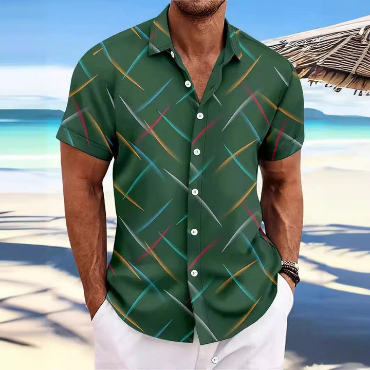 Summer New Men's Striped Feather Casual Beach Short Sleeve Button Shirt - SleekGait