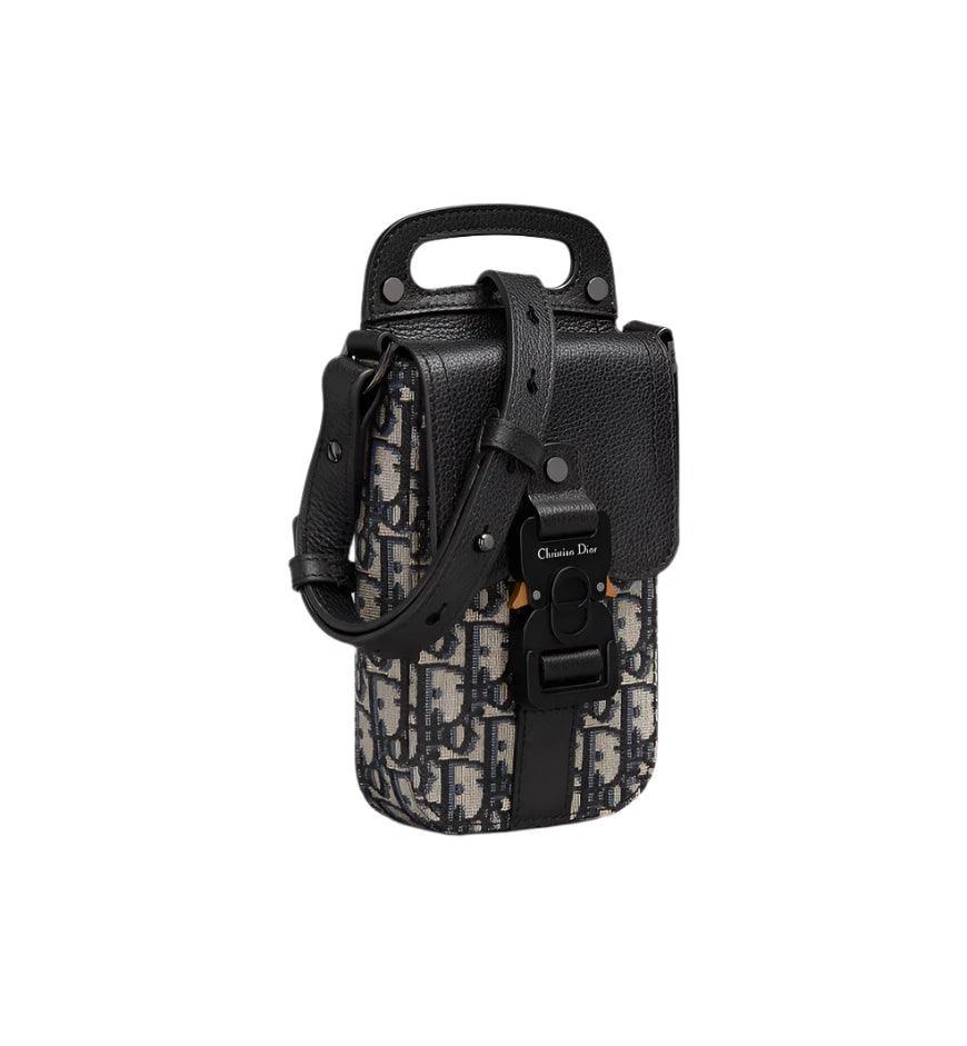 Saddle Vertical Pouch with Strap Beige and Black Dior Oblique Jacquard with Black Grained Calfskin - SleekGait