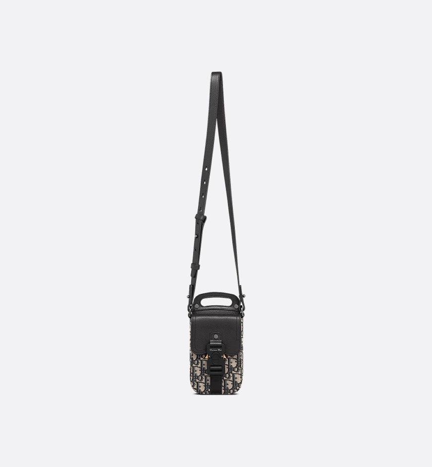 Saddle Vertical Pouch with Strap Beige and Black Dior Oblique Jacquard with Black Grained Calfskin - SleekGait