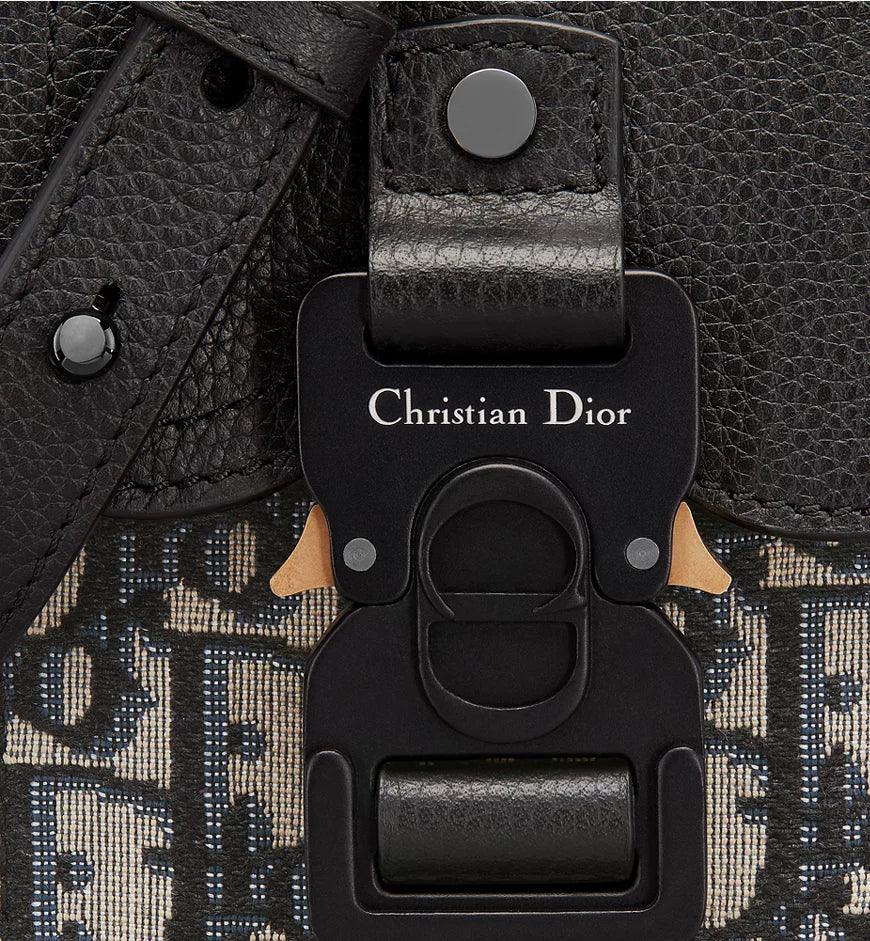 Saddle Vertical Pouch with Strap Beige and Black Dior Oblique Jacquard with Black Grained Calfskin - SleekGait