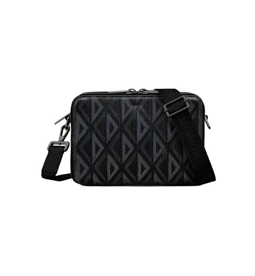 Christian Dior Zipped Pouch with Strap Black Coated Cotton Canvas with CD Diamond Print - SleekGait
