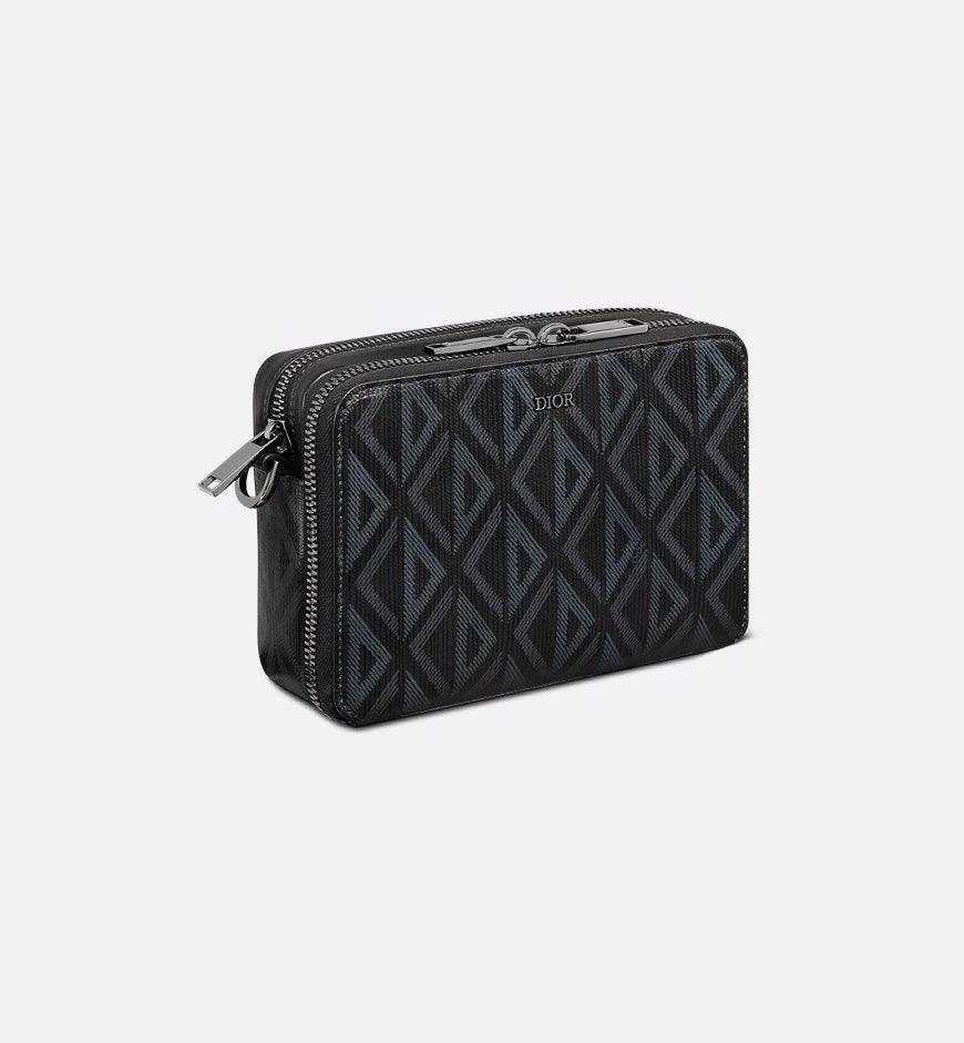 Christian Dior Zipped Pouch with Strap Black Coated Cotton Canvas with CD Diamond Print - SleekGait