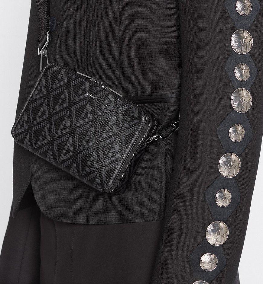 Christian Dior Zipped Pouch with Strap Black Coated Cotton Canvas with CD Diamond Print - SleekGait