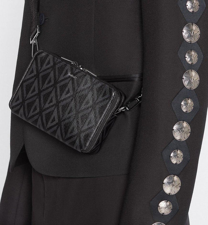 Christian Dior Zipped Pouch with Strap Black Coated Cotton Canvas with CD Diamond Print - SleekGait