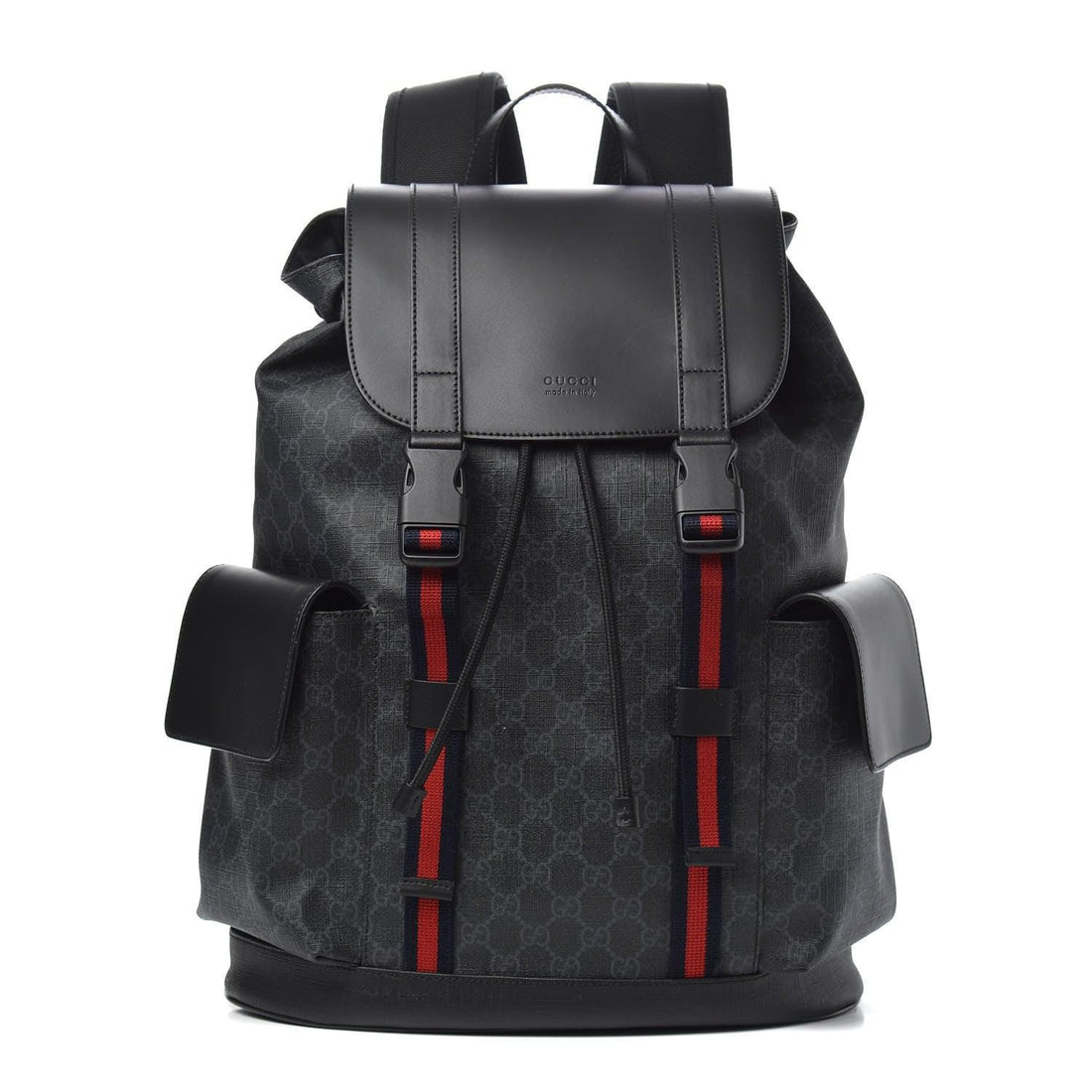 Gucci Soft GG Supreme Monogram Appia Calfskin Web Double Buckle Backpack Black - SleekGait