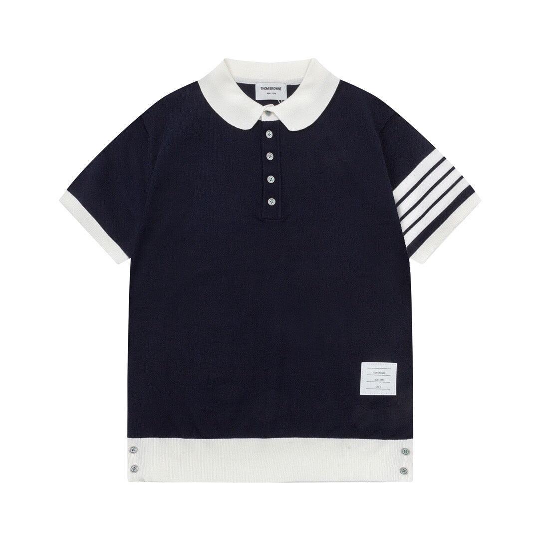 Thom Browne Navy Blue & White T-Shirt with Collar - SleekGait