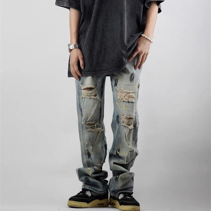 Men's Loose Washed-out Painting Splash-ink Ripped Jeans - SleekGait