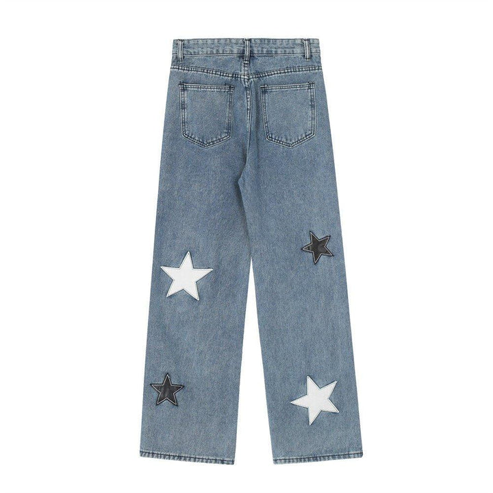 Five-pointed Star Affixed Cloth Embroidered Loose Straight Jeans - SleekGait