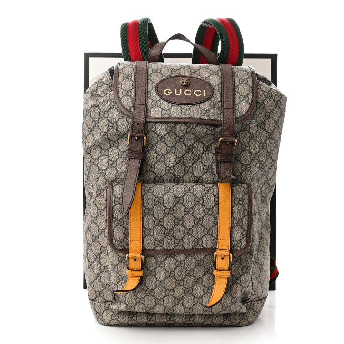 Gucci Soft GG Supreme Monogram Neo Vintage Double Buckle Backpack Beige New Acero Crop