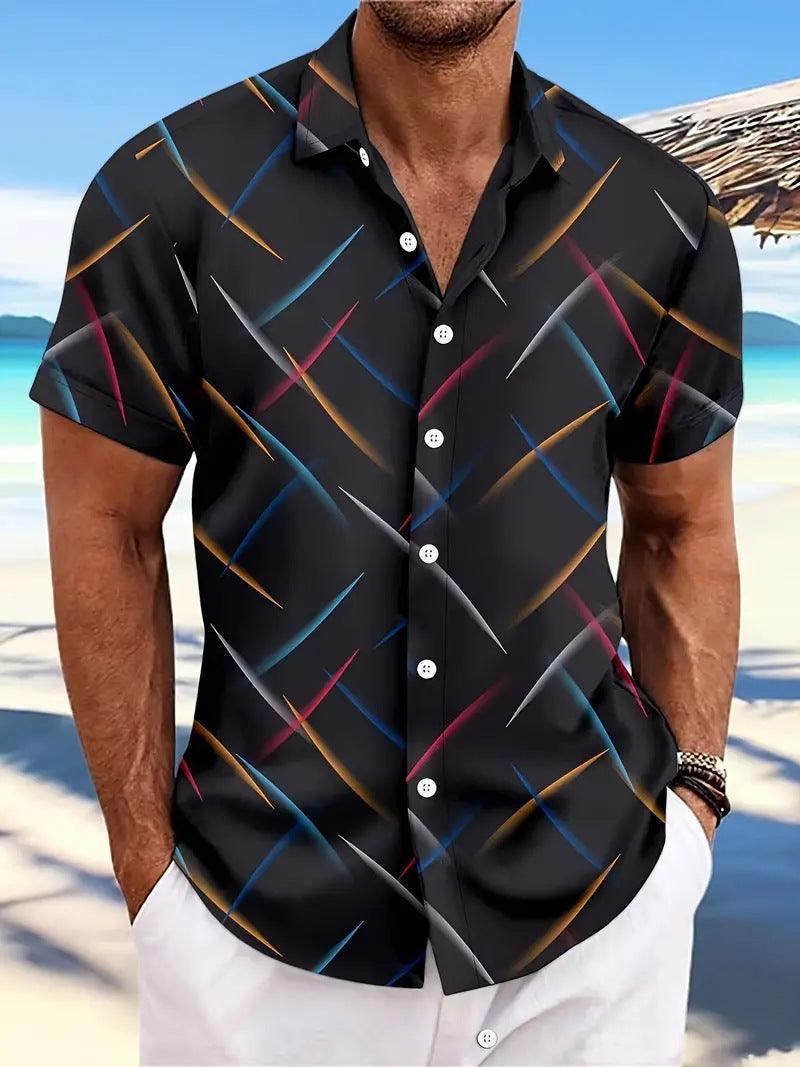 Summer New Men's Striped Feather Casual Beach Short Sleeve Button Shirt - SleekGait