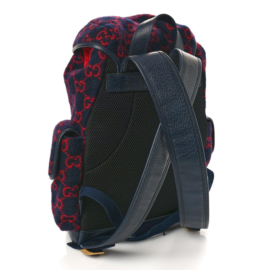 Gucci Covered Wool GG Monogram Small Double Buckle Backpack Navy Red