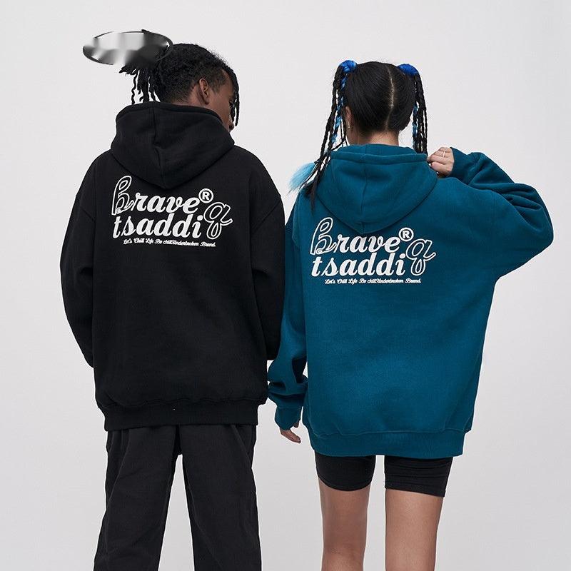 Couple Wear Fleece-lined Pullover Loose Hooded Sweater - SleekGait