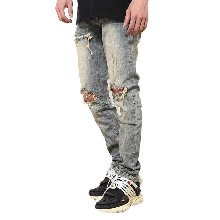 Ripped Washed Elastic Mid-waist Denim Trousers - SleekGait