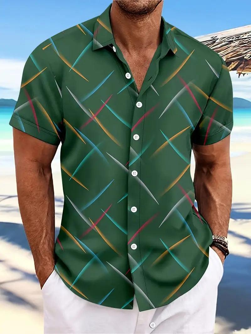 Summer New Men's Striped Feather Casual Beach Short Sleeve Button Shirt - SleekGait