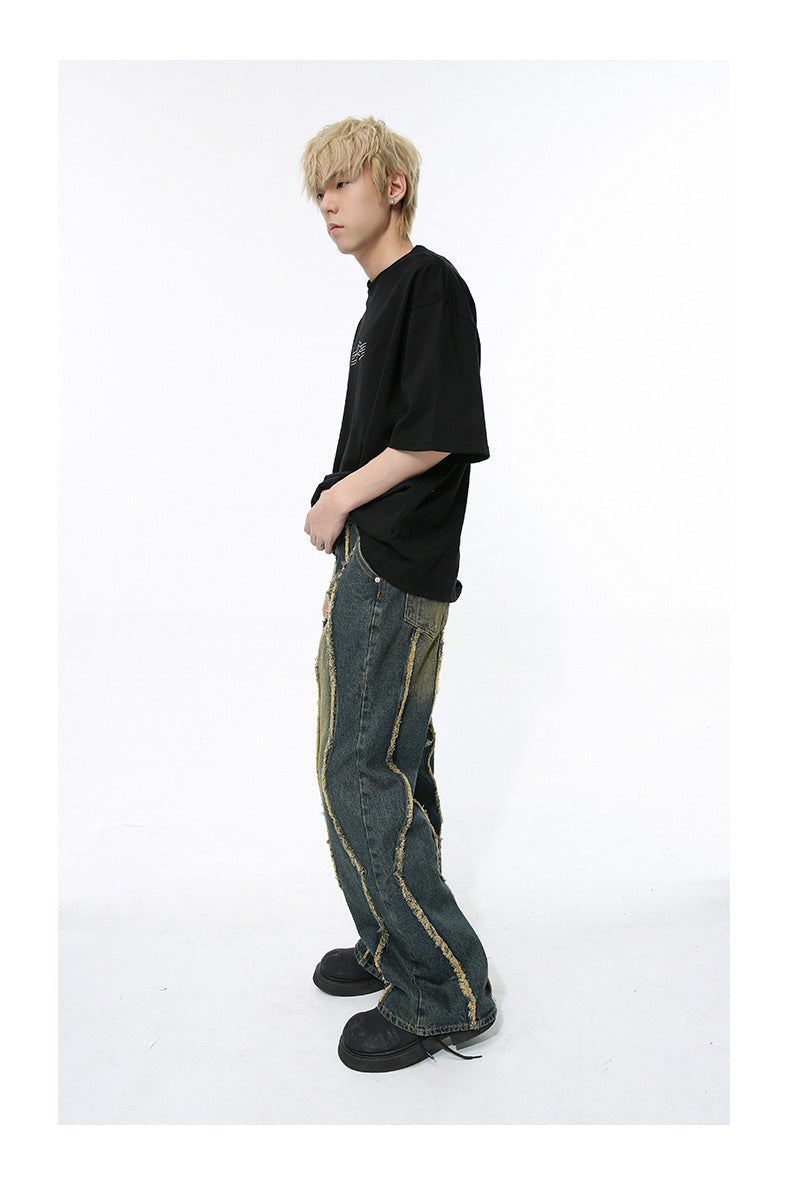 Niche Deconstructs Frayed Stitching Damaged Wind-washed Jeans - SleekGait