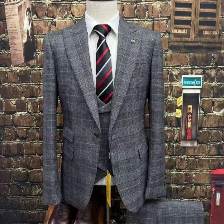 Business Slim-fit Plaid Striped Men's Suit Set - SleekGait