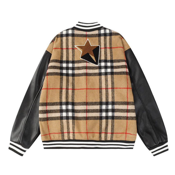 BURBERRY Brown Checked Wool-Blend and Full-Grain Leather Varsity Jacket - SleekGait