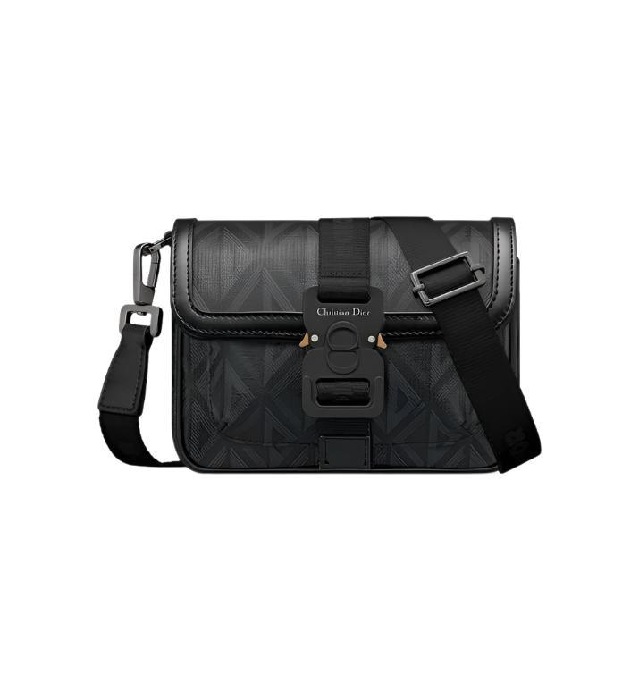 Mini Dior Hit the Road Messenger Bag with Flap Black Coated Cotton Canvas with CD Diamond Print