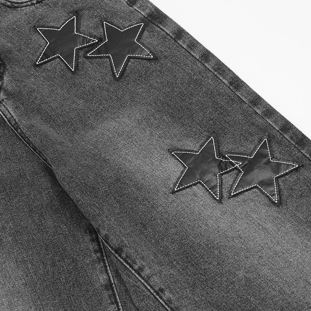 Five-pointed Star Affixed Cloth Embroidered Loose Straight Jeans - SleekGait