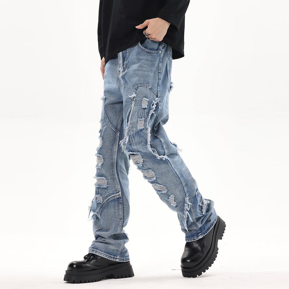 Stitching Hole Loose Denim Trousers Men - SleekGait