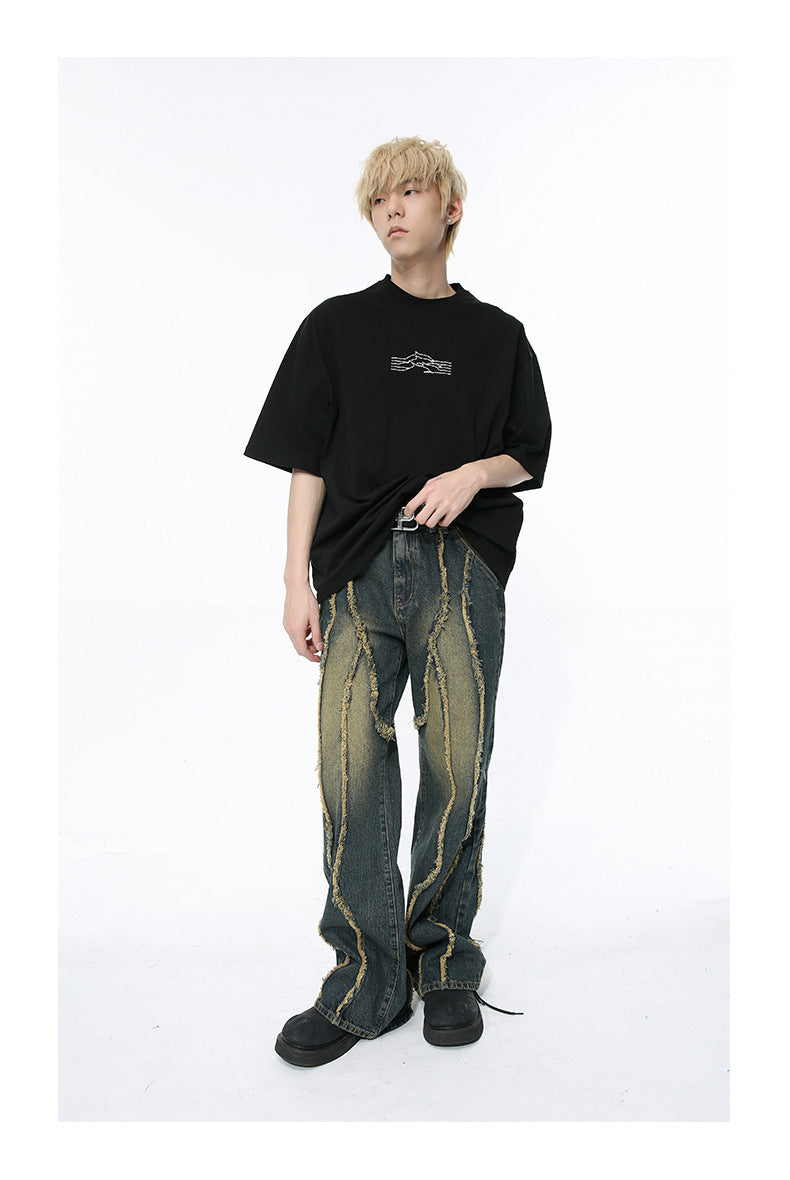 Niche Deconstructs Frayed Stitching Damaged Wind-washed Jeans - SleekGait