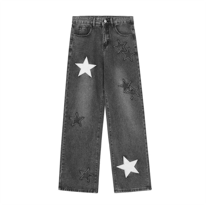 Five-pointed Star Affixed Cloth Embroidered Loose Straight Jeans - SleekGait