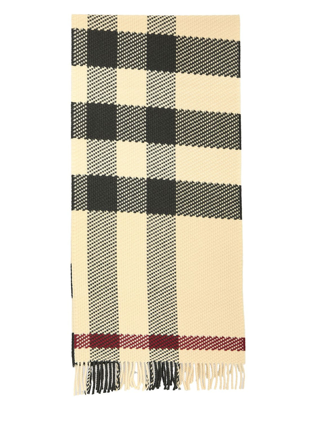 Wool Scarf with Burberry Check Motif and Fringed Hems - Cream - SleekGait