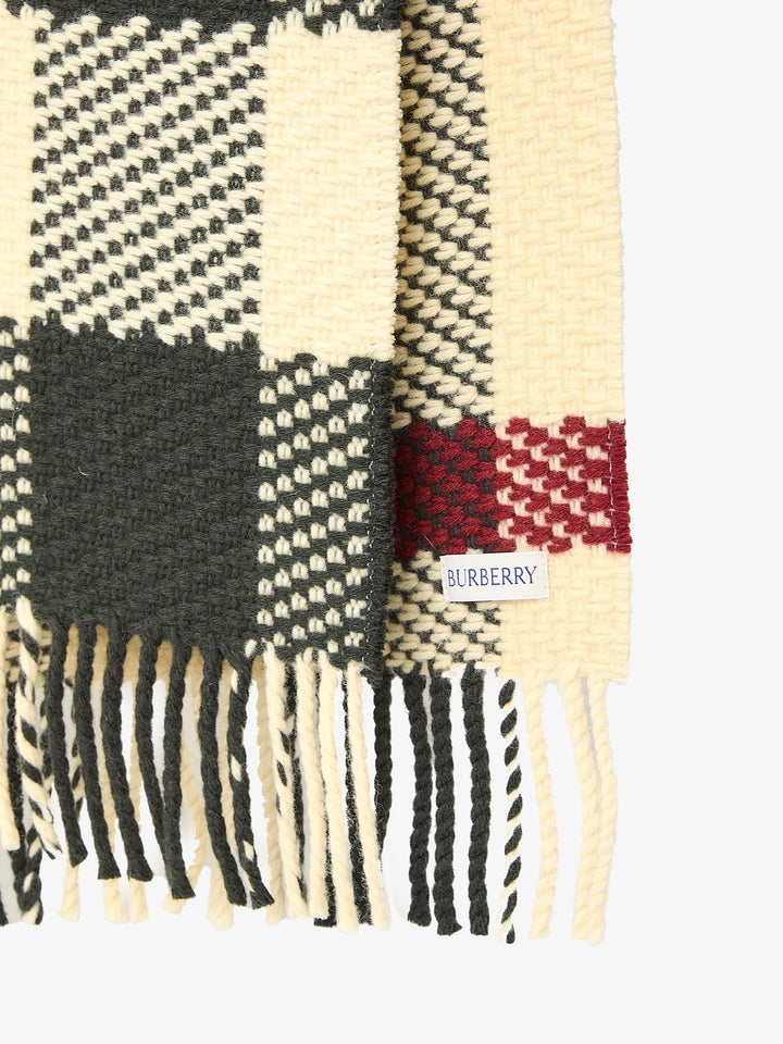 Wool Scarf with Burberry Check Motif and Fringed Hems - Cream - SleekGait