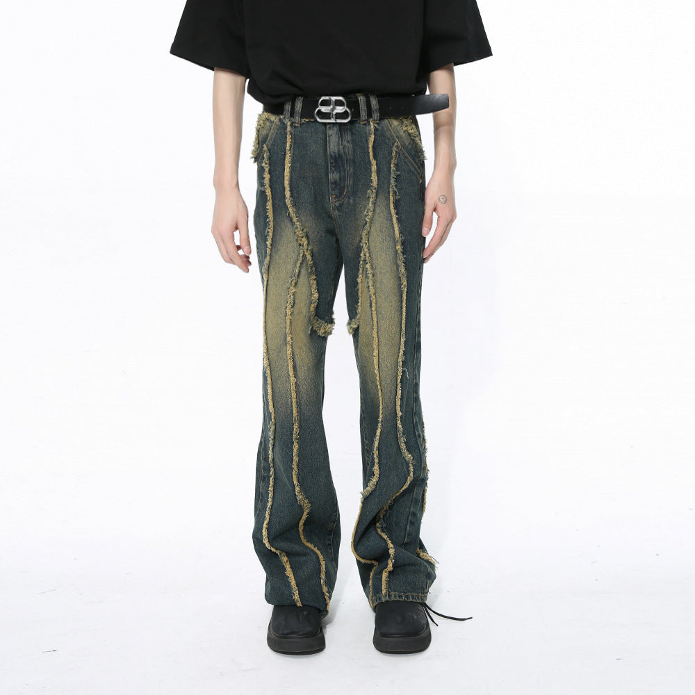 Niche Deconstructs Frayed Stitching Damaged Wind-washed Jeans - SleekGait