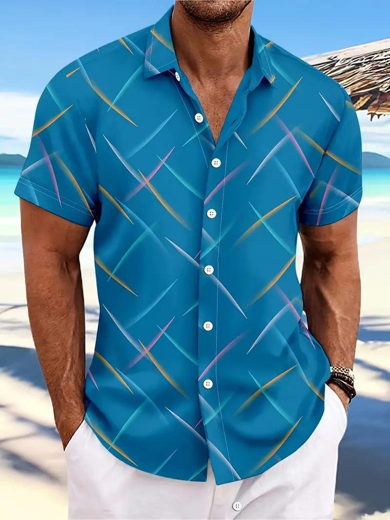 Summer New Men's Striped Feather Casual Beach Short Sleeve Button Shirt - SleekGait