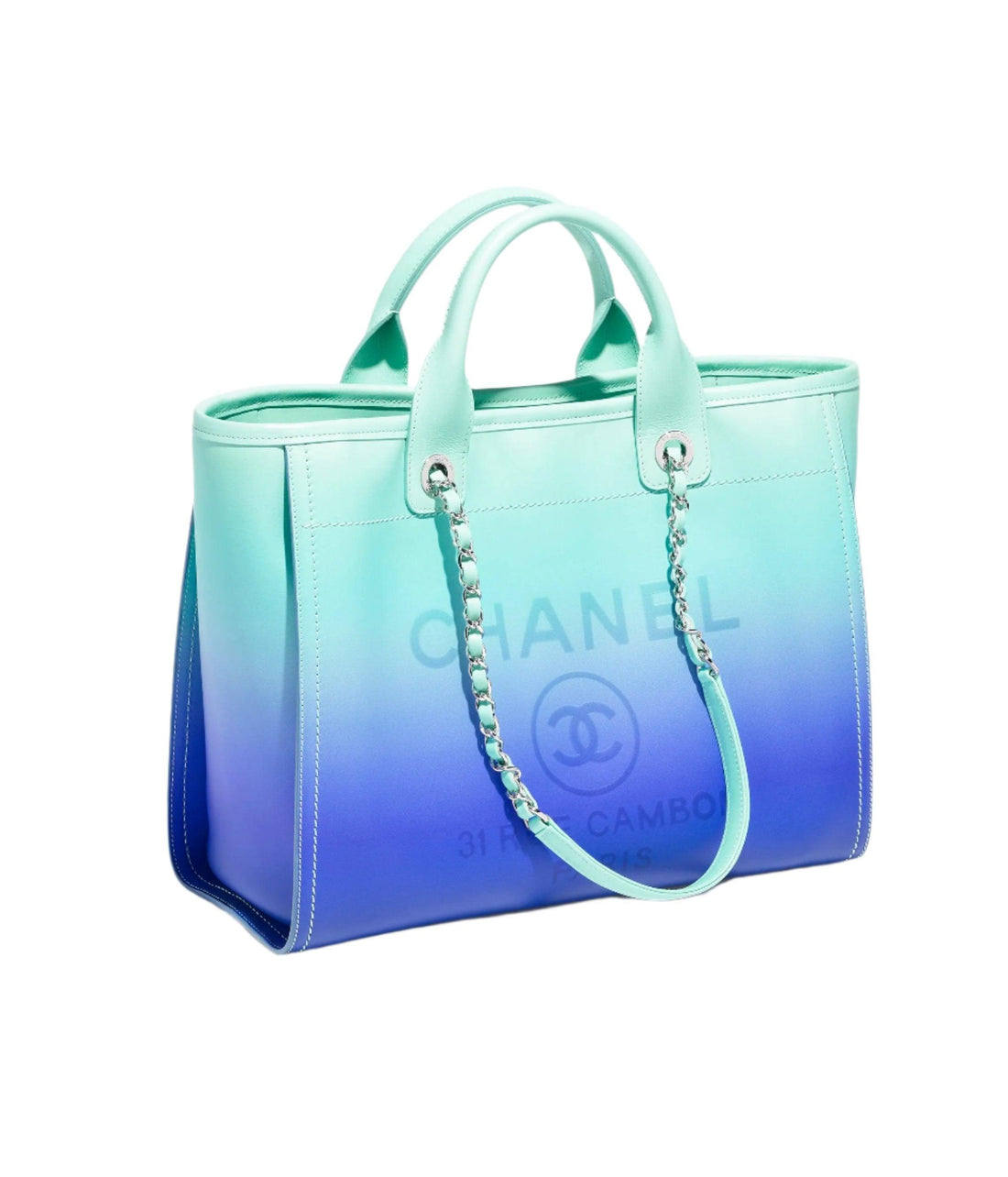 Chanel Small Deauville Shopping Tote Blue and Green Ombre Calfskin Silver Hardware