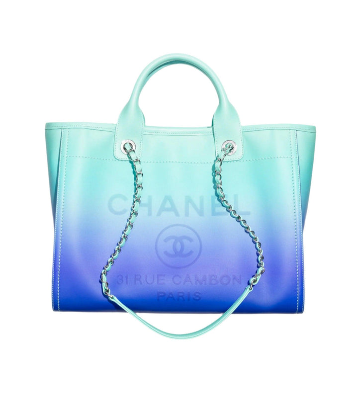 Chanel Small Deauville Shopping Tote Blue and Green Ombre Calfskin Silver Hardware