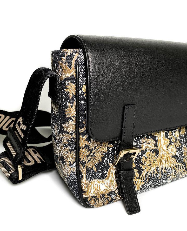 Dior Messenger Bag Regular Dior Messenger Bag Black calfskin, cotton canvas and linen with gold Magica print - SleekGait