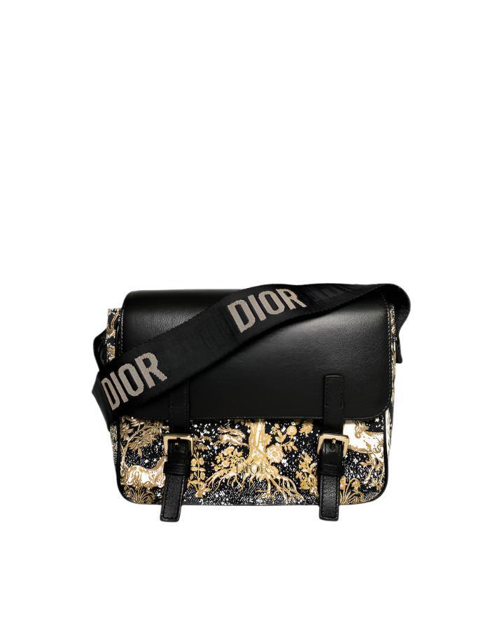 Dior Messenger Bag Regular Dior Messenger Bag Black calfskin, cotton canvas and linen with gold Magica print - SleekGait