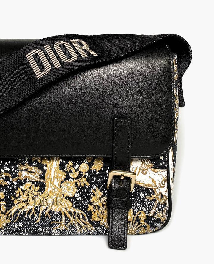 Dior Messenger Bag Regular Dior Messenger Bag Black calfskin, cotton canvas and linen with gold Magica print - SleekGait