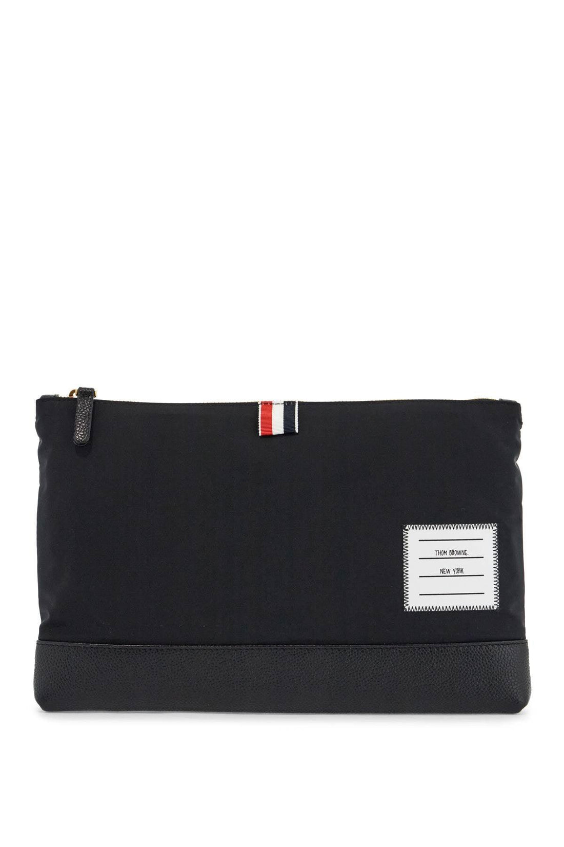 THOM BROWNE Large Pouch Handbag with Gold Zip and Tricolor Stripe - SleekGait