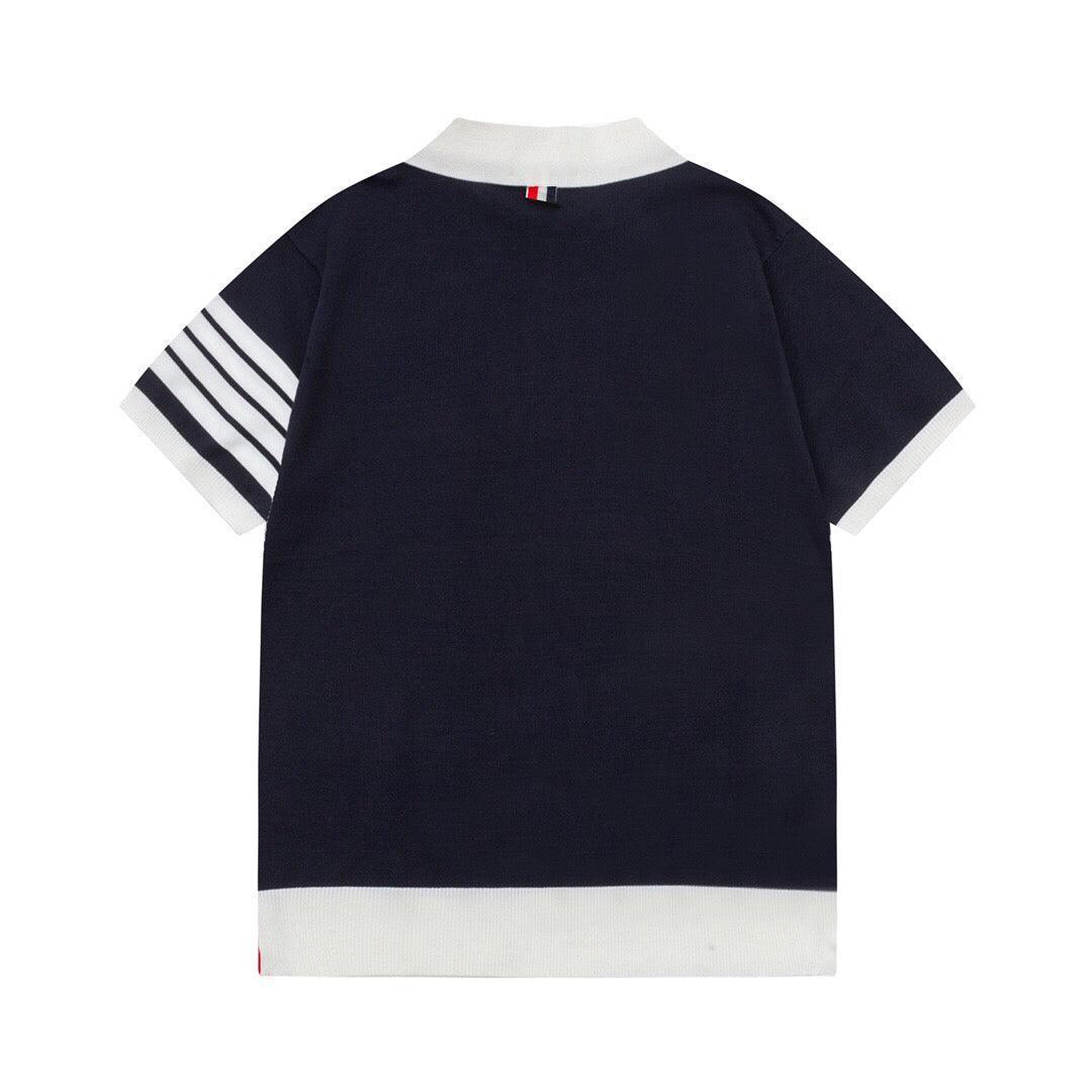 Thom Browne Navy Blue & White T-Shirt with Collar - SleekGait